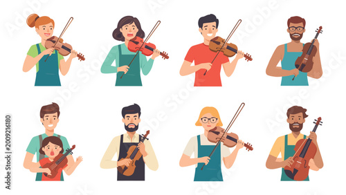 Quadro em tela Harmony of Hearts: A vibrant illustration showcasing diverse individuals united by the shared passion for violin playing, each figure absorbed in the rhythmic dance of music and melody