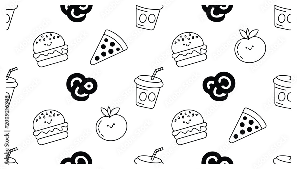 Fototapeta premium Food vector pattern seamless design with burgers pizza fruits drinks