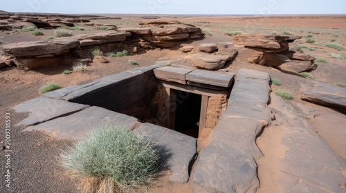 Concrete cave style shelter entrance outdoors, survival concept, protective structure, rugged landscape, emergency refuge.