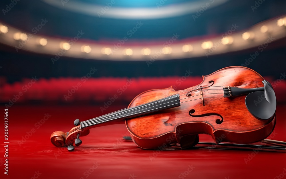 Fototapeta premium Broken Violin Lying on Deserted Stage with Snapped Strings in Empty Theater