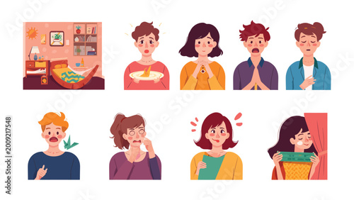 Foto Illness and Emotions: A collection of various expressions of human emotion, depicting a range of feelings associated with sickness, pain, and discomfort