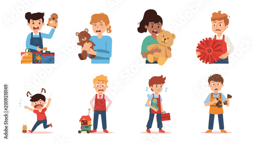 Canvastavla Toy Repair Dilemmas: A collection of diverse individuals, engrossed in the intricate world of toy repair, face a spectrum of emotional responses, from frustrated frowns to moments of pure