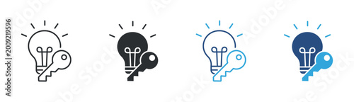 Idea security icon set. light bulb with key symbol. innovation protection and access concept. vector illustration.