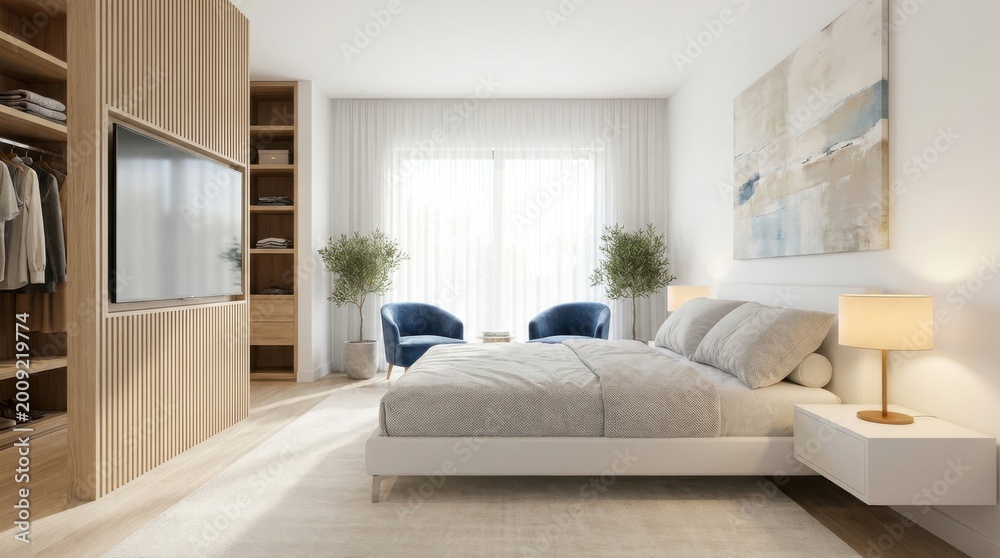 Fototapeta premium Elegant modern bedroom with wooden wall panels and blue armchairs