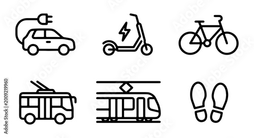 A set of transportation icons including car, scooter, bicycle, bus, train, and shoes