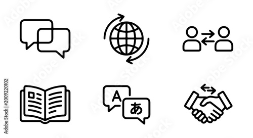 Black line icons of speech bubbles, globe, people, book, language and handshake