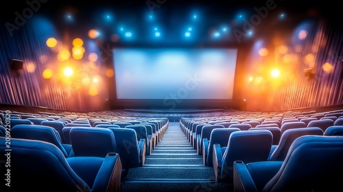 Interior of a modern cinema auditorium with tiered seating and screen