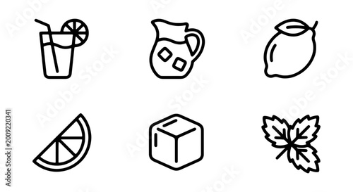 Slika na platnu A set of six line icons depicting refreshing summer elements including a drink w