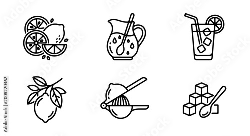 Fotografie A set of six line art illustrations of citrus fruits and juice