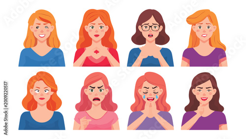 Fotografi Diverse Emotions of Woman: A collection of various portraits, each showcasing a woman expressing a unique emotion, from joy and love to anger and sadness