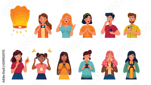 Fotografija People's Reaction with Lantern: A collection of diverse individuals, engrossed in their smartphones, react with varied emotions as they observe a floating lantern in the sky
