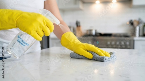 Person wearing yellow rubber gloves cleaning a kitchen countertop