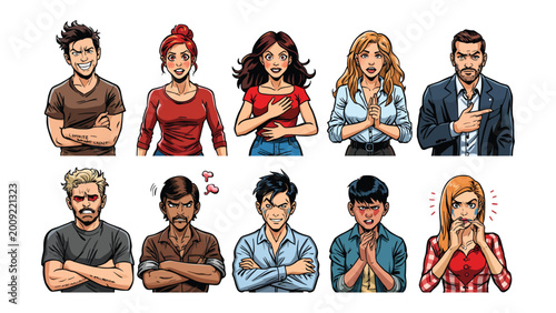 Foto Expressive Human Emotions: A set of ten individuals, each showcasing a unique emotion, from joy to anger, providing a visual guide to the wide spectrum of feelings