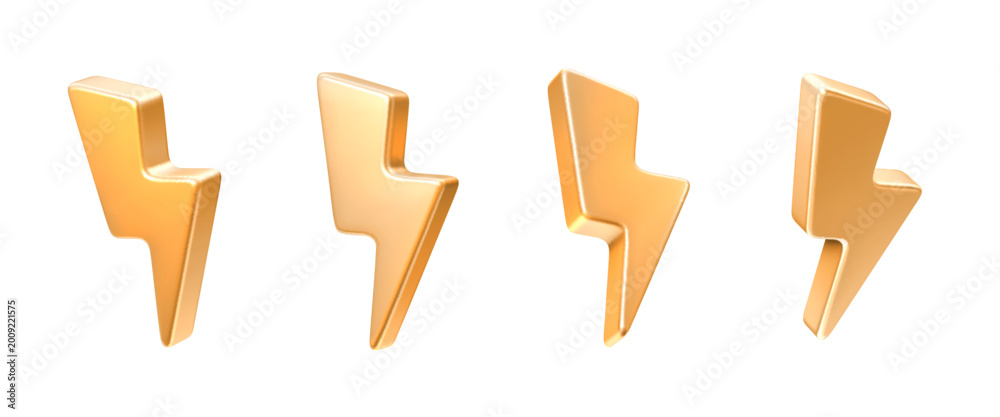 Fototapeta premium 3d golden metal lightning icons, energy power arrows, thunder bolt and energy symbols. Realistic 3d gold thunderbolt flashes, storm strike bolts and golden lightnings for weather and warning signs