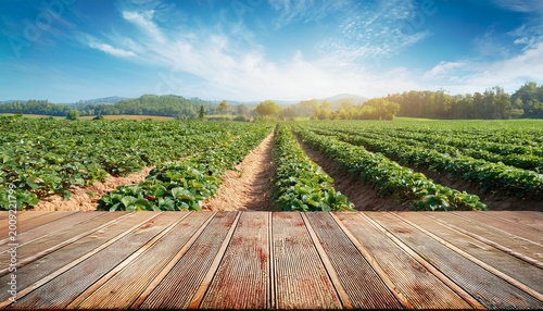 empty wood table with free space over strawberry trees strawberry field background for product display montage