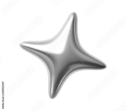 Silver metallic 3d metal star or spark realistic symbol. Silver star realistic form, shiny metal balloon render isolated vector element. Chrome metallic spark shape or glossy gradient metal 3d figure