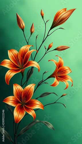 Orange lilies on a dark green background. Smartphone wallpaper