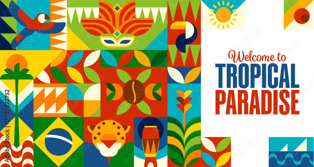 Obraz premium Brazil travel and vacation banner with geometric pattern, vector background. Brazil pattern with Brazilian Carnival mask, tropical paradise holiday and palms at Rio de Janeiro and Copacabana beach