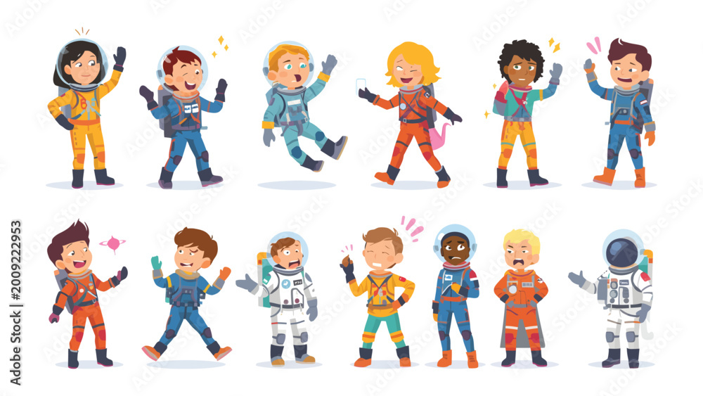 Fototapeta premium Astronaut Kids' Cosmic Adventure: A vibrant collection of animated children, each donned in a unique space suit, playfully embarking on an exciting journey among the stars.