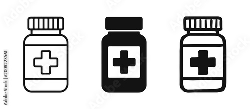 Medical bottle icons with cross symbol in outline, solid, and hand drawn styles for pharmacy and health design