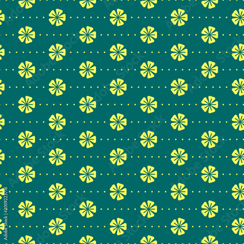 Floral green pattern with small minimalist blossoms and dots arranged in vert...
