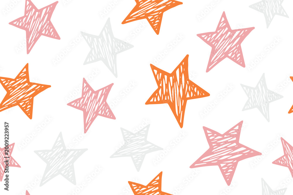 Fototapeta premium Scribble stars grunge vector seamless pattern. Cosmos background. X-mas decoration. Wallpaper print with simple scribble stars. Baby clothes ornament.