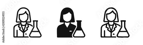 Scientist woman researcher lab assistant icon set
