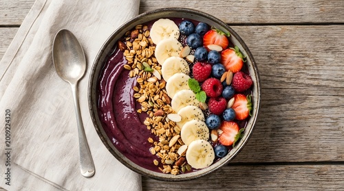 Delicious acai bowl with granola, banana, and mixed berries on wooden table