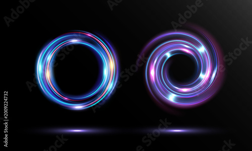 Quadro su tela neon glowing circular rings set abstract light swirl vortex energy loops futuris