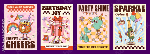 Y2K groovy funky holiday and celebration posters for birthday party, cartoon vector. Groovy Y2K birthday gift with funny face and happy balloon with funky cake and hippie champagne bottle character