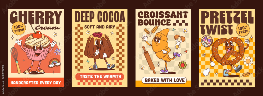 Fototapeta premium Y2K groovy funky dessert and bakery posters with funny characters, cartoon vector. Y2K retro posters with groovy cupcake, funky pudding or trippy croissant, hippie pretzel with happy face and tongue