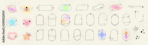 Aesthetic shapes, minimal geometric borders and frames with stars, sparkles and neon effect. Vector y2k space figures. Brutal linear sparks, arches, ovals, spirals with retro futuristic cosmic vibes