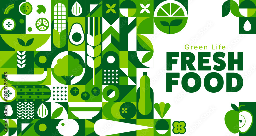 Obraz premium Fresh organic food fruits and vegetables banner with geometric pattern, vector background. Organic food pattern with geometric farm cucumber and corn, wheat and carrot and green avocado with broccoli