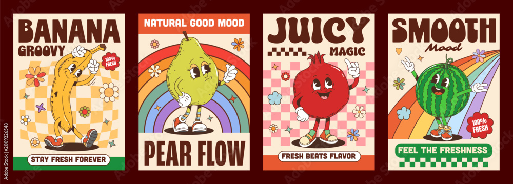 Fototapeta premium Y2K groovy funky fruit characters posters. Retro cartoon banana, pear, pomegranate and watermelon personages with smiley faces in color sneakers. Groovy fruits for kitchen decor prints and cafe menu