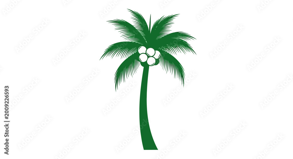 Obraz premium Exotic tropical coconut palm tree vector illustration featuring a summer nature silhouette and green leaf design isolated on a white background for travel and island vacation art