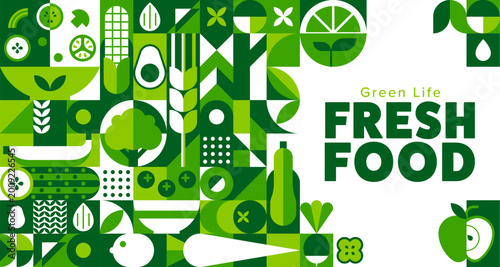 Fresh organic food fruits and vegetables banner with geometric pattern, vector background. Organic food pattern with geometric farm cucumber and corn, wheat and carrot and green avocado with broccoli