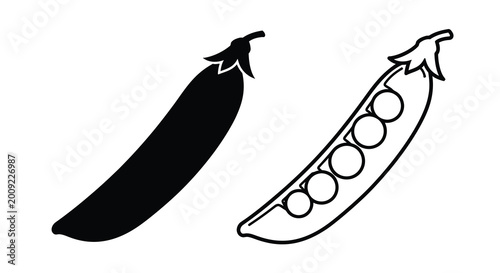 Foto Pea pod silhouette and line drawing on white background