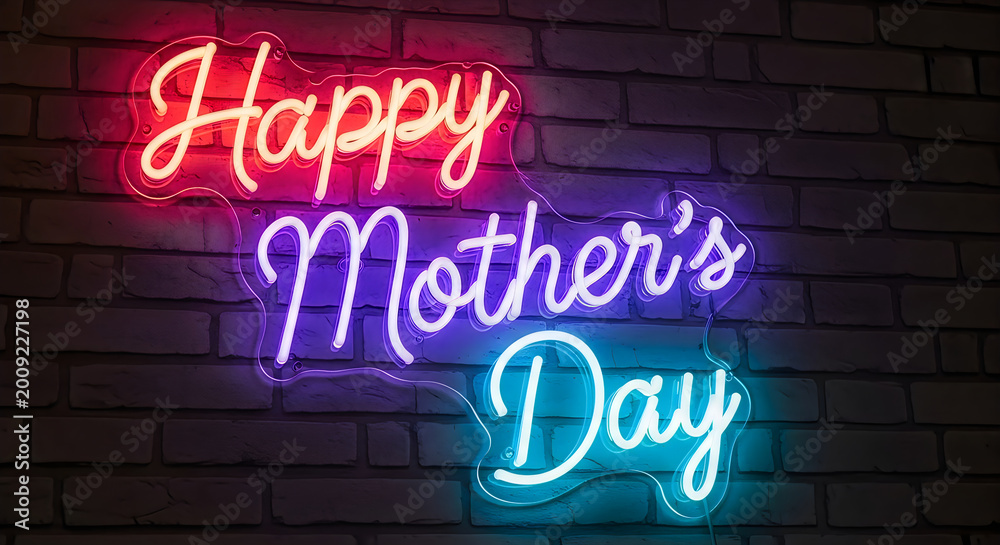 Obraz premium Happy mother's day neon sign on a dark brick wall