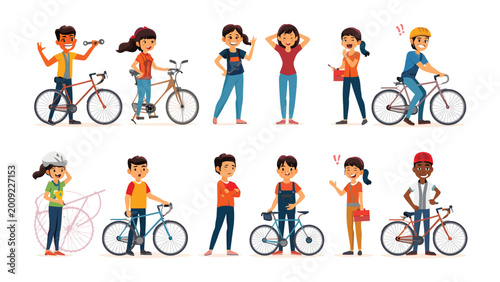 Obraz na płótnie Cycling Emotions: A vibrant array of illustrations captures diverse expressions of individuals with bicycles, portraying the emotional spectrum of cycling enthusiasts and their unique experiences