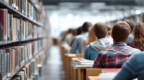 Visitors Seated in Rows Reading in a Library Surrounded by Bookshelves