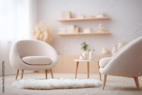 Modern interior of a psychology or therapy office with comfortable armchairs. Minimalist counseling room for mental health consultation and support
