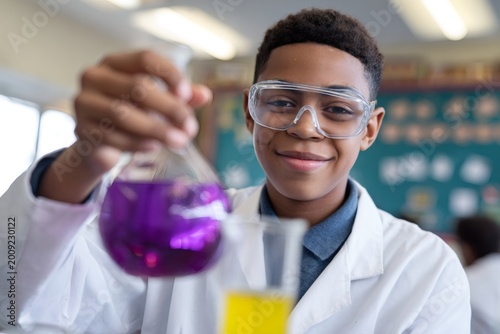 Portrait of a happy African American boy in a science class. Confident young student in a lab coat holding a flask with a chemical solution. STEM education and diversity concept