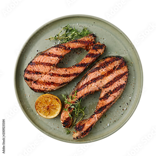 Billede på lærred Grilled Salmon Steaks with Lemon and Thyme on a Plate