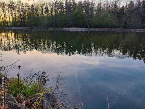 Obraz na plátně Tranquil lake at dawn with mirror-like water reflecting forest trees