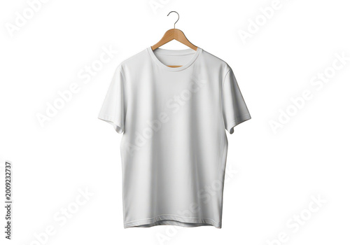 Minimalist gray short-sleeve t-shirt displayed on hanger isolated on transparent background