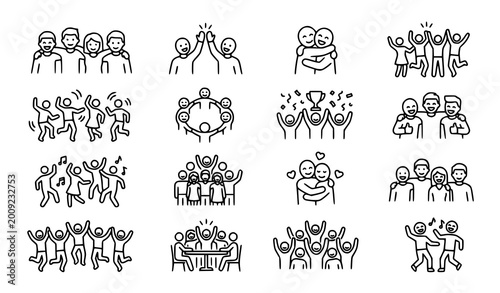 Foto Happy people line icons collection with group friends party and joy expression s
