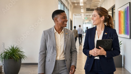 Diverse Colleagues With Pride Pin in Modern Office Setting for Workplace Inclusion