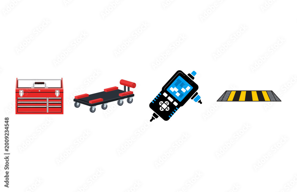Fototapeta premium Vector graphic illustration of automotive tools and equipment arranged in a row on a white background
