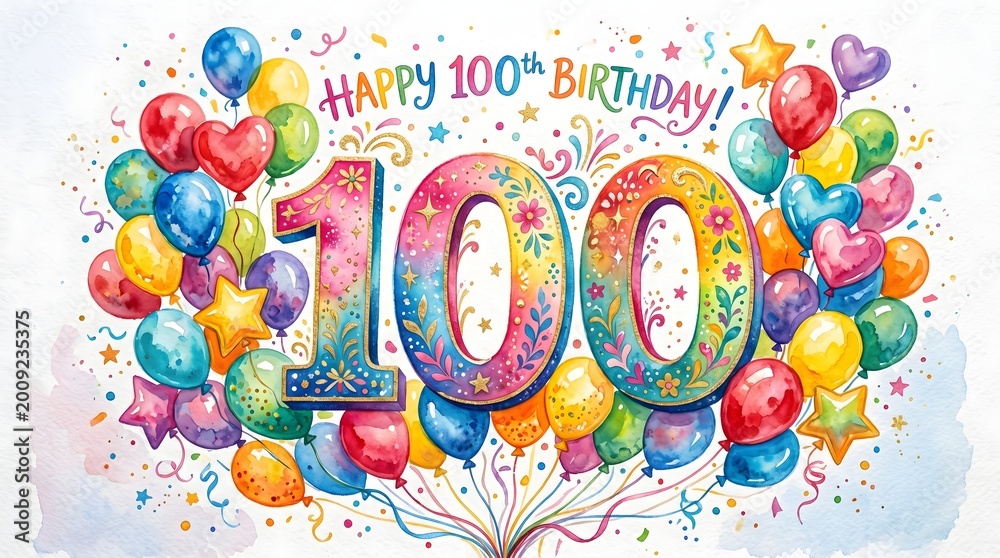Fototapeta premium Happy 100th Birthday Celebration with Colorful Balloons and Confetti