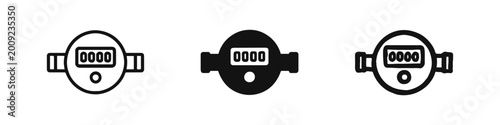Residential water meter utility flow icon set in outline, solid, and hand-drawn styles